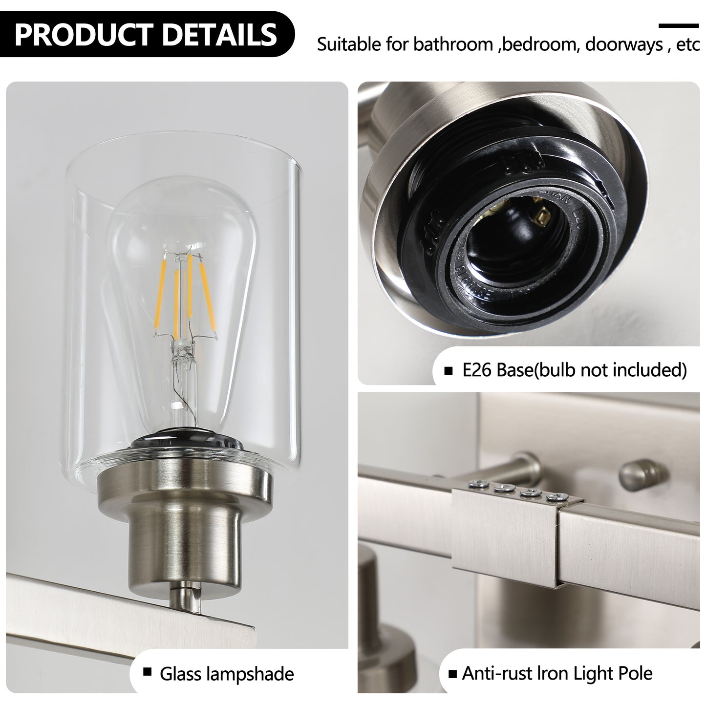 24  Modern 4-Light Bathroom Vanity Light Fixture - Brushed Nickel Finish With Clear Glass Shades, Perfect For Bathroom, Vanity, And Dressing Area Lighting No Bulbs