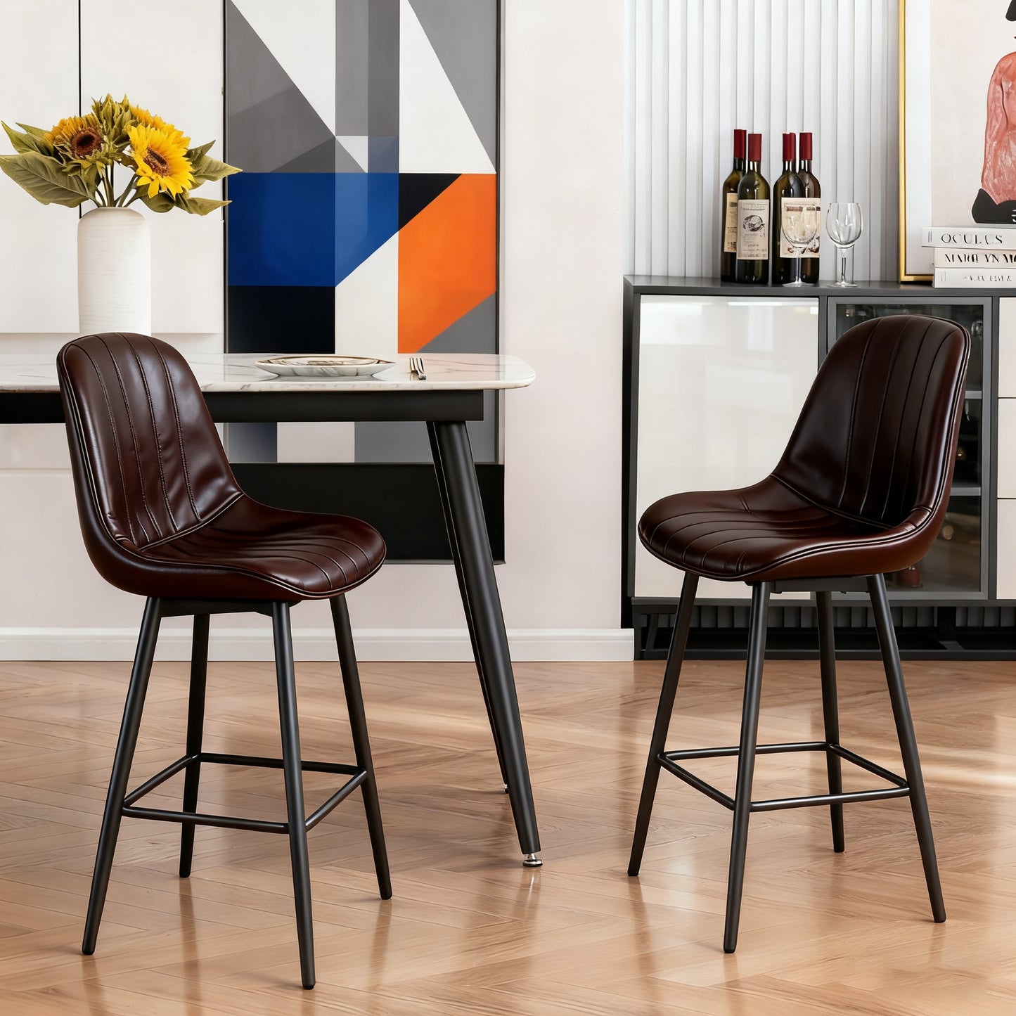 Modern Bar Stools With Swivel Mechanism, PU Padded Seats With Back Support & Metal Legs  Ideal For Kitchen Islands, Home Bars, Commercial Bars, Dark Brown Set Of 2