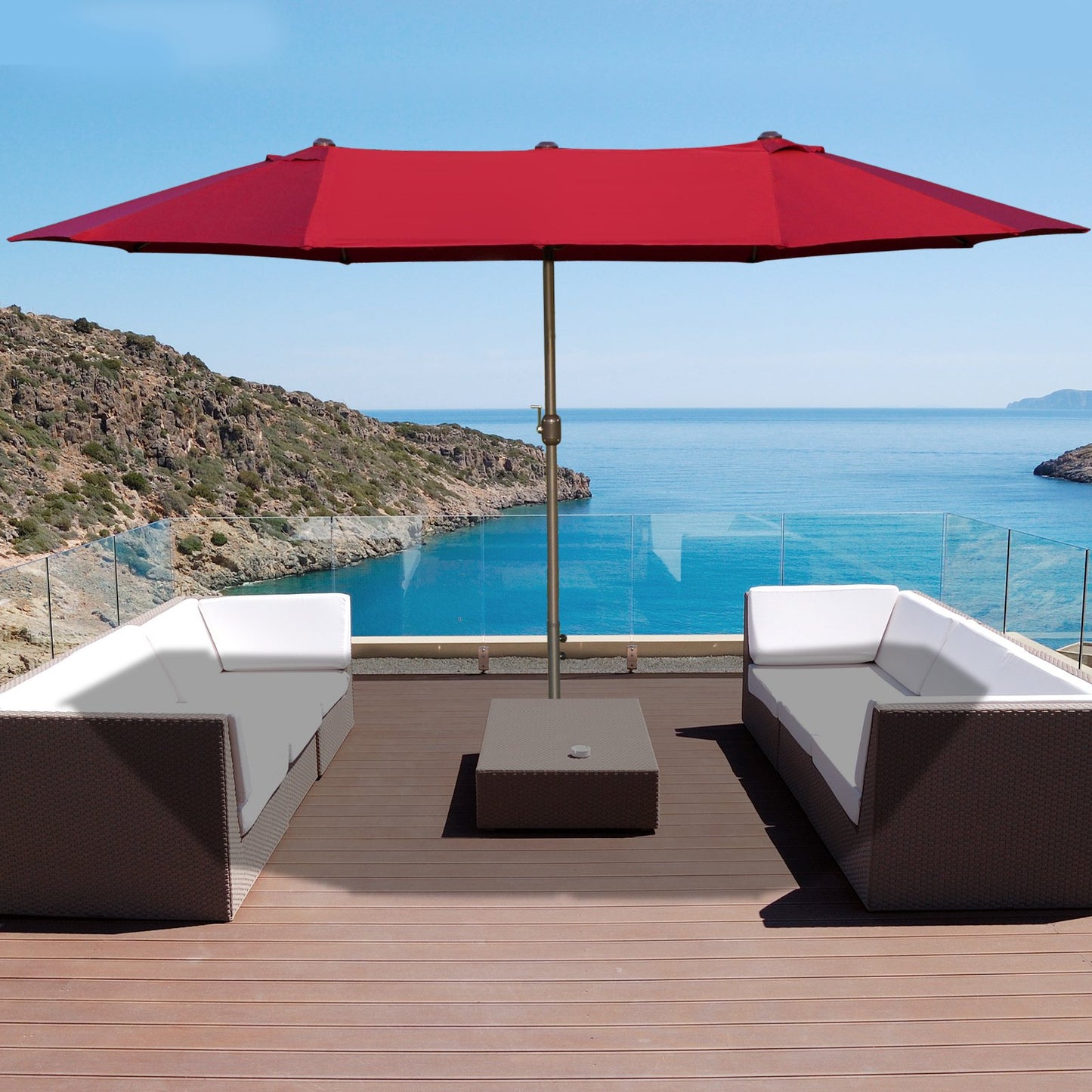 Patio Umbrella 15' Steel Rectangular Outdoor Double Sided Market With Base, UV Sun Protection & Easy Crank For Deck Pool Patio, Wine Red