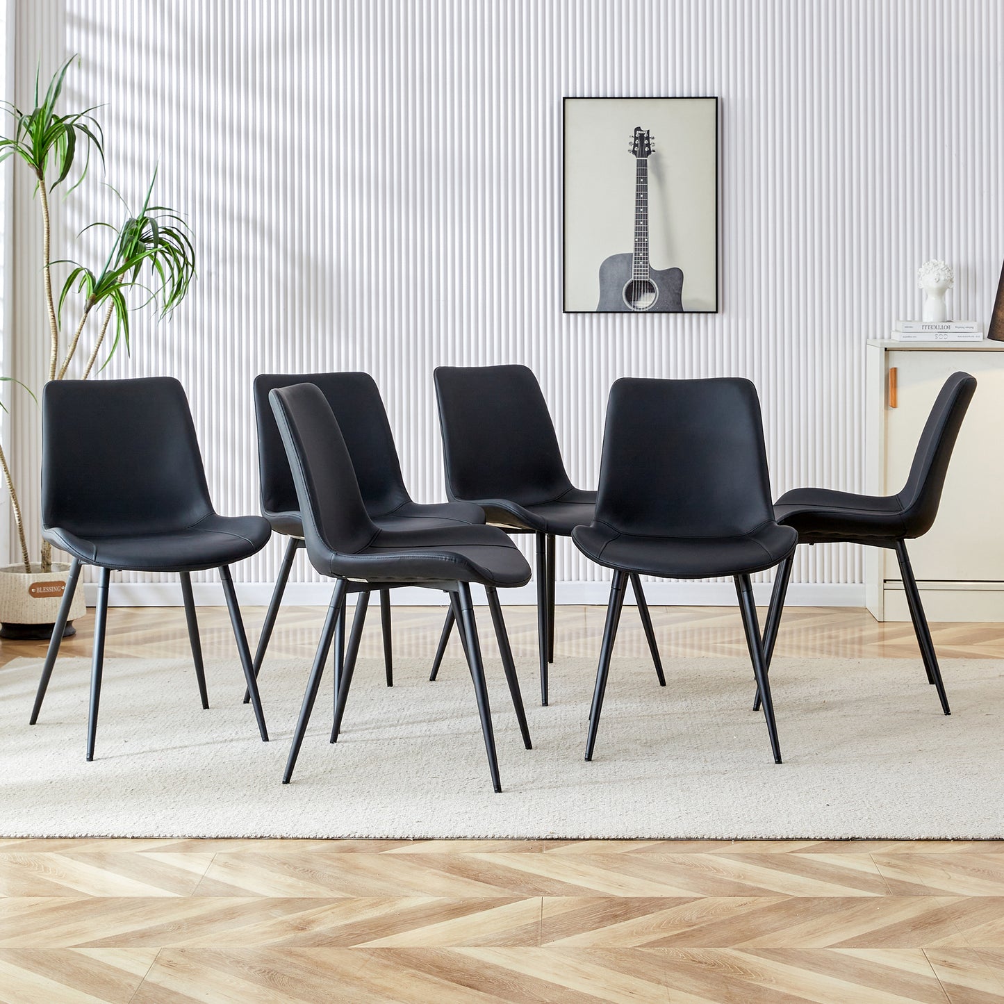 Black Artificial Leather Backrest Cushion Dining Chair, Black Metal Legs, Curved Widened Cushion Design For More Comfort, Suitable For Restaurants, Kitchens, Bedrooms, Offices. 6 Chairs   0502