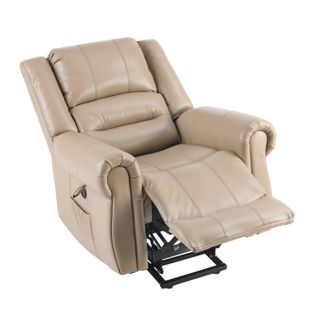 Power Lift Recliner Chair With Massage & Heat, Single Motor Lift Chair, Breathable PU Faux Leather, USB & Type-C, Side Pockets, Light Brown