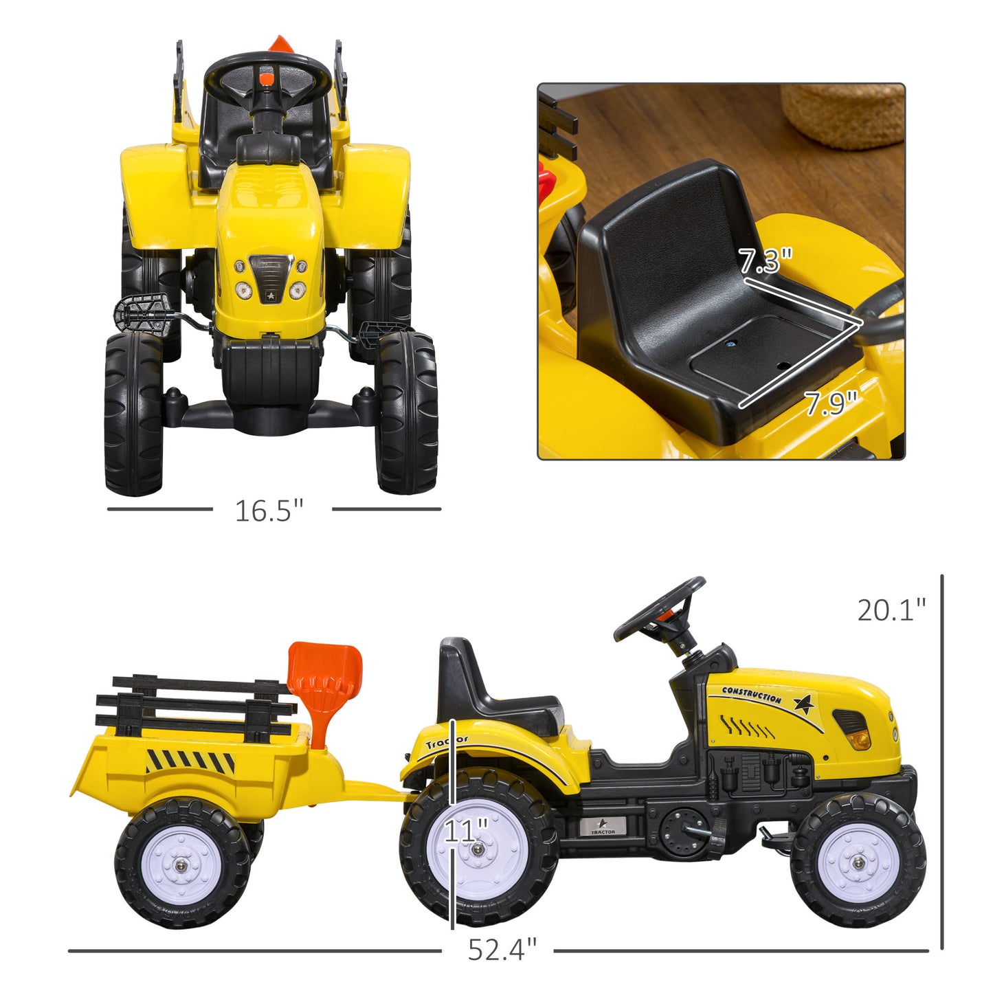 Kids Ride On Tractor With Back Trailer, Shovel & Rake, Horn, Pedal Go Kart For 3 Years Old, Yellow