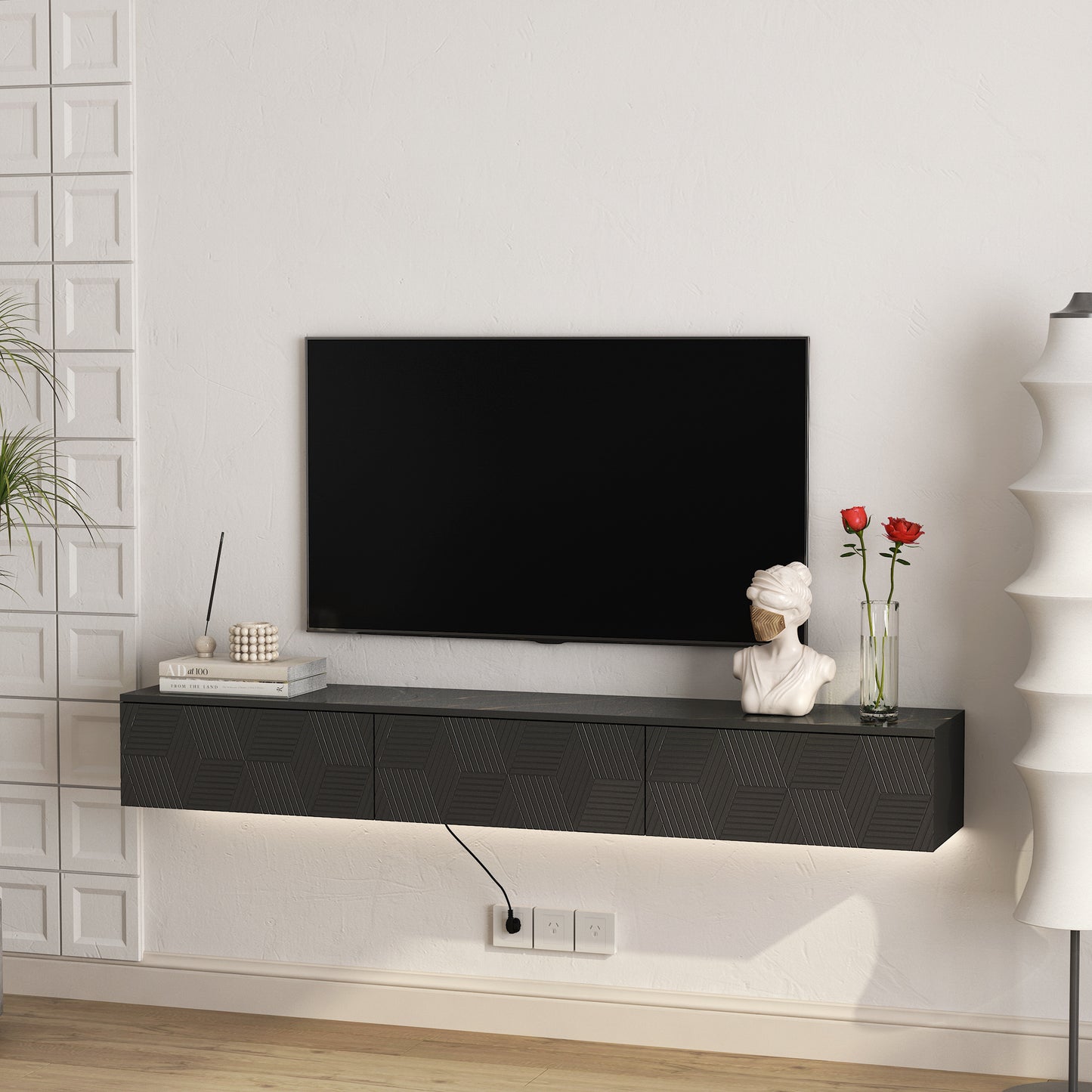 Floating TV Stand Wall Mounted With 16 Color LEDs,67  Modern TV Stand, Floating TV Cabinet Entertainment Center For 55 60 65 Inch TV,Black