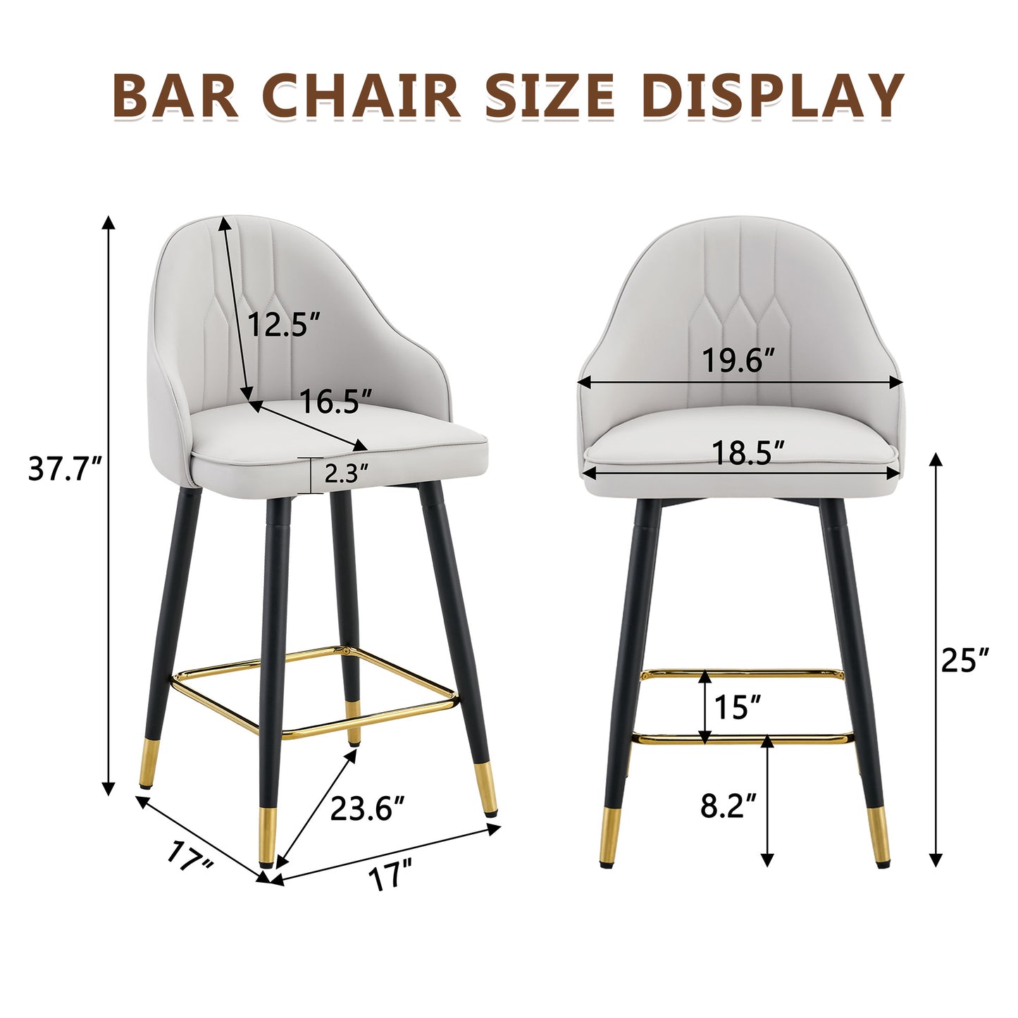 Set Of 2  Light Gray PU Leather Bar Stools 37.7 High, 25 Seat Height, Gold Accent Footrest, Ideal For Kitchen Island, Home Bar & Dining Area, Available In Black, White & Dark Gray Splicing Colors.