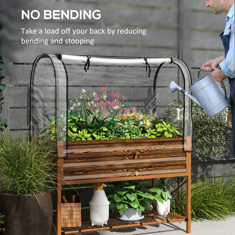 Raised Garden Bed With Legs And Cover, Metal Elevated Planter Box With Bottom Shelf And Liner For Vegetables, Brown
