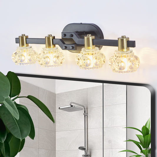 24  Vintage 4-Light Wall Sconce With Clear Crystal Shades, Black Iron Finish Vanity Light Fixture For Bathroom Or Hallway No Bulbs