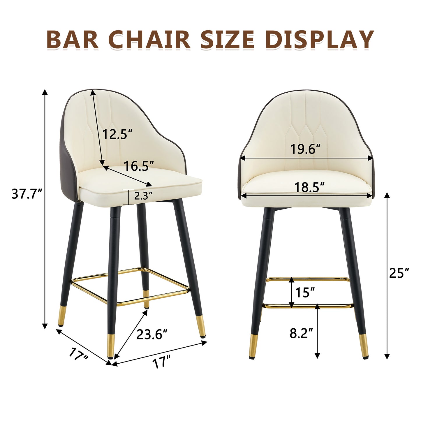 Set Of 2 White & Dark Gray Splicing Colors PU Leather Bar Stools 37.7 High, 25 Seat Height, Gold Accent Footrest, Ideal For Kitchen Island, Home Bar & Dining Area, Available In Light Gray, Black.