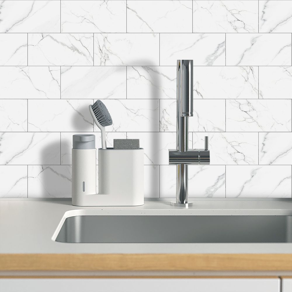 White Marble Look Wall Sticker Peel And Paste Splash-proof PVC Composite Wall Tile Kitchen Bathroom
