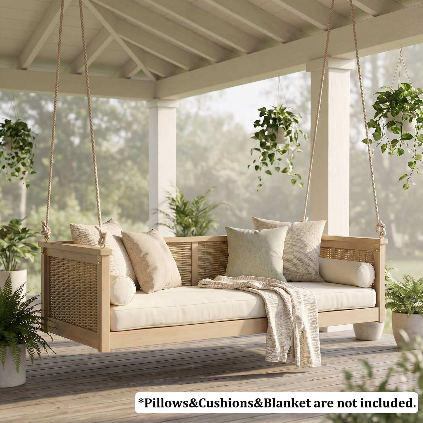 TOPMAX Outdoor Classic Solid Wood Twin Size Swing Bed,Garden Porch Rattan Swing Frame With Long Ropes For Poolside, Backyard, LIGHT TEAK