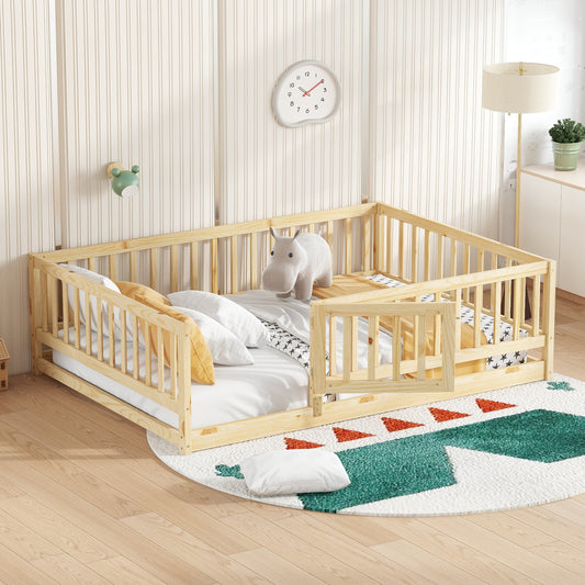 Full Size Floor Bed With Slats, Montessori Floor Bed With Fence And Door, Kids Montessori Bed Full Size, Wood Montessori Floor Bed For Kids, Girls, Boys,Oak