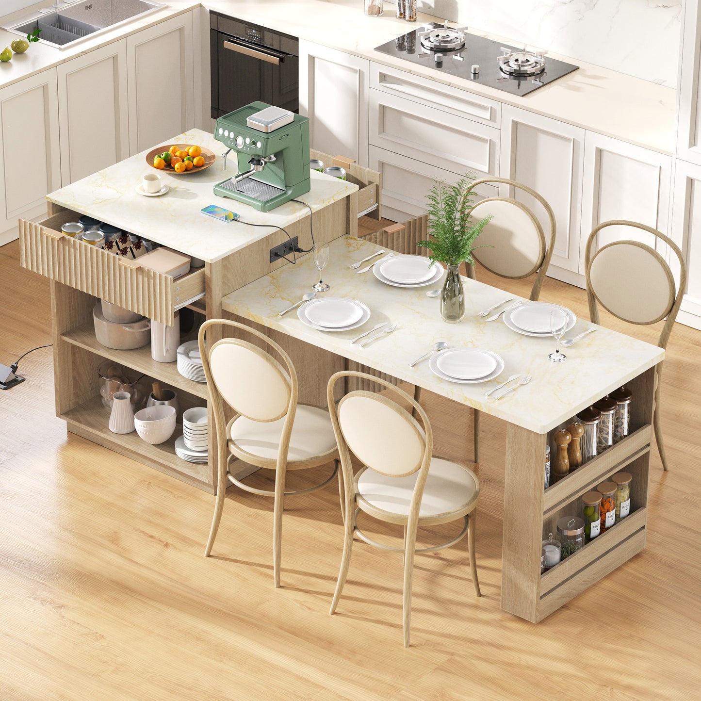 K&K 82.6  Fluted Kitchen Island With Extendable Dining Table For 4 6, Island Table For Kitchen With Power Outlet, Kitchen Table With Double Side Storage, 2 Drawers 2 Side Open Shelves, Natural