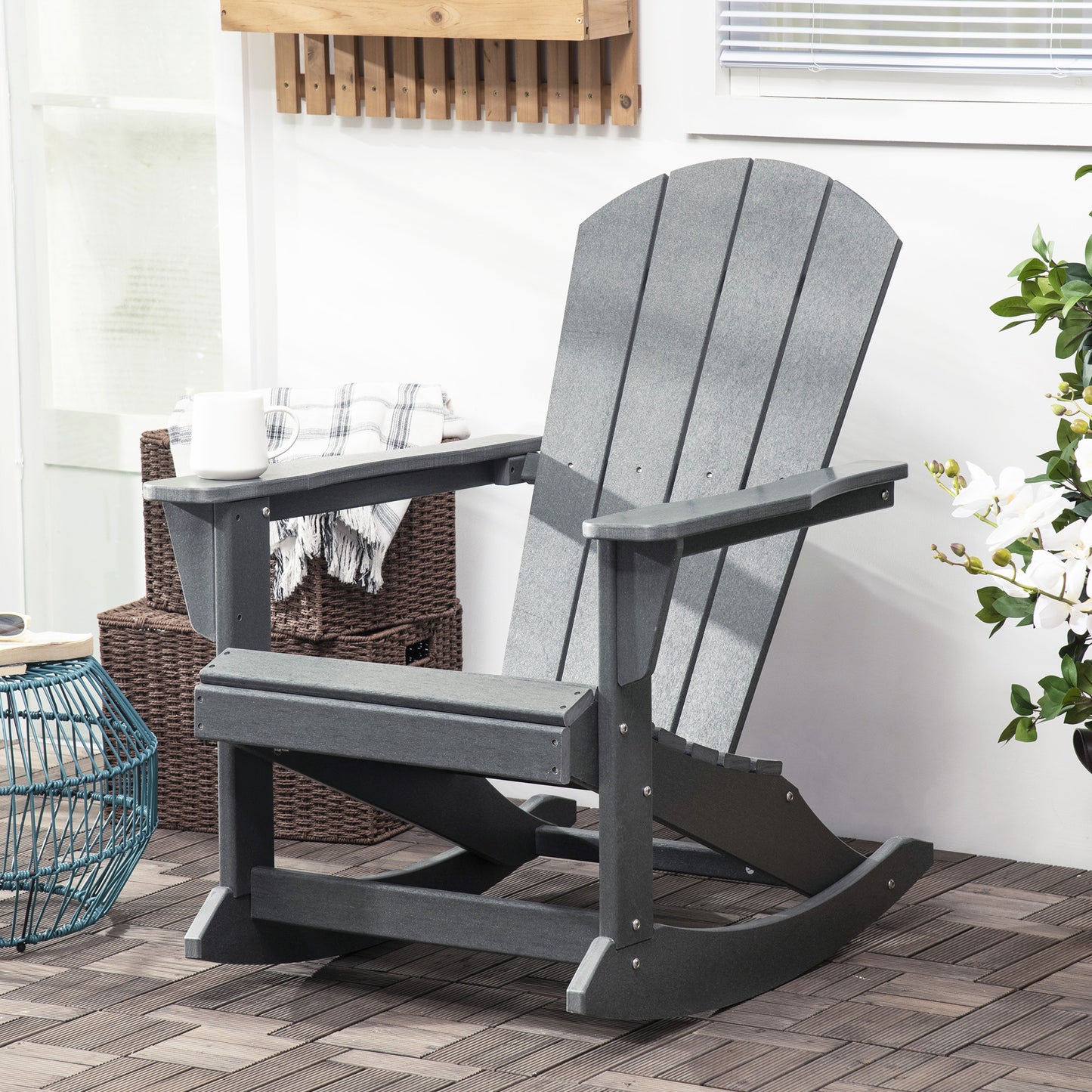 Outdoor Rocking Chair, HDPE Adirondack Porch Rocker Chair For Garden, Patio, Light Gray