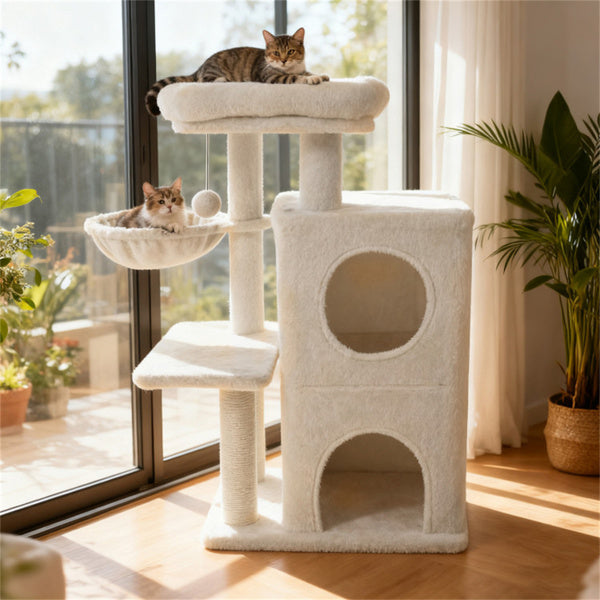 Beige 33.5inch Multi-Level Cat Tree With 2-Tier Condo, Sisal Scratching Posts & Anti-Toppling Device For Cats