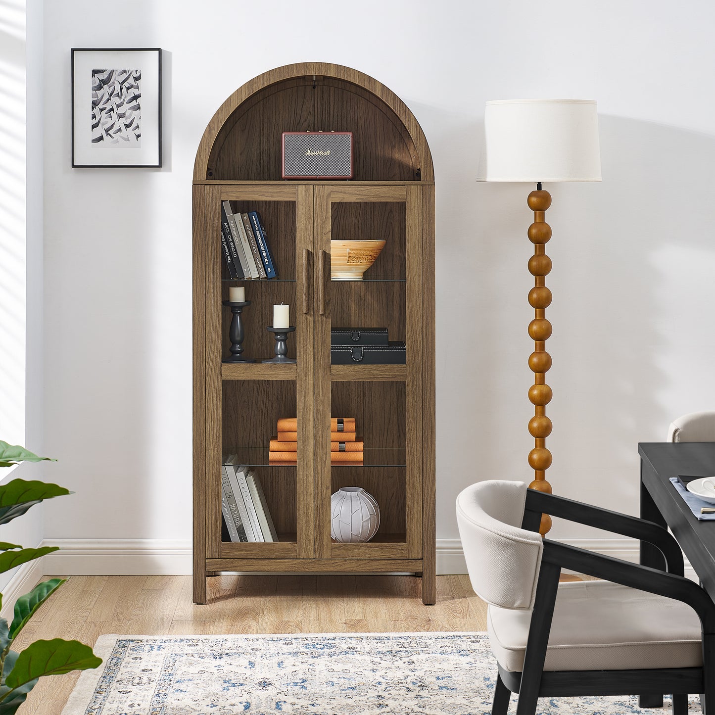 A High Arched Storage Cabinet With A Lamp, A Modern Retro-style Wooden Storage Cabinet With Adjustable Glass Partitions, Suitable For Use As A Multi-functional Cabinet In Kitchens-Brown