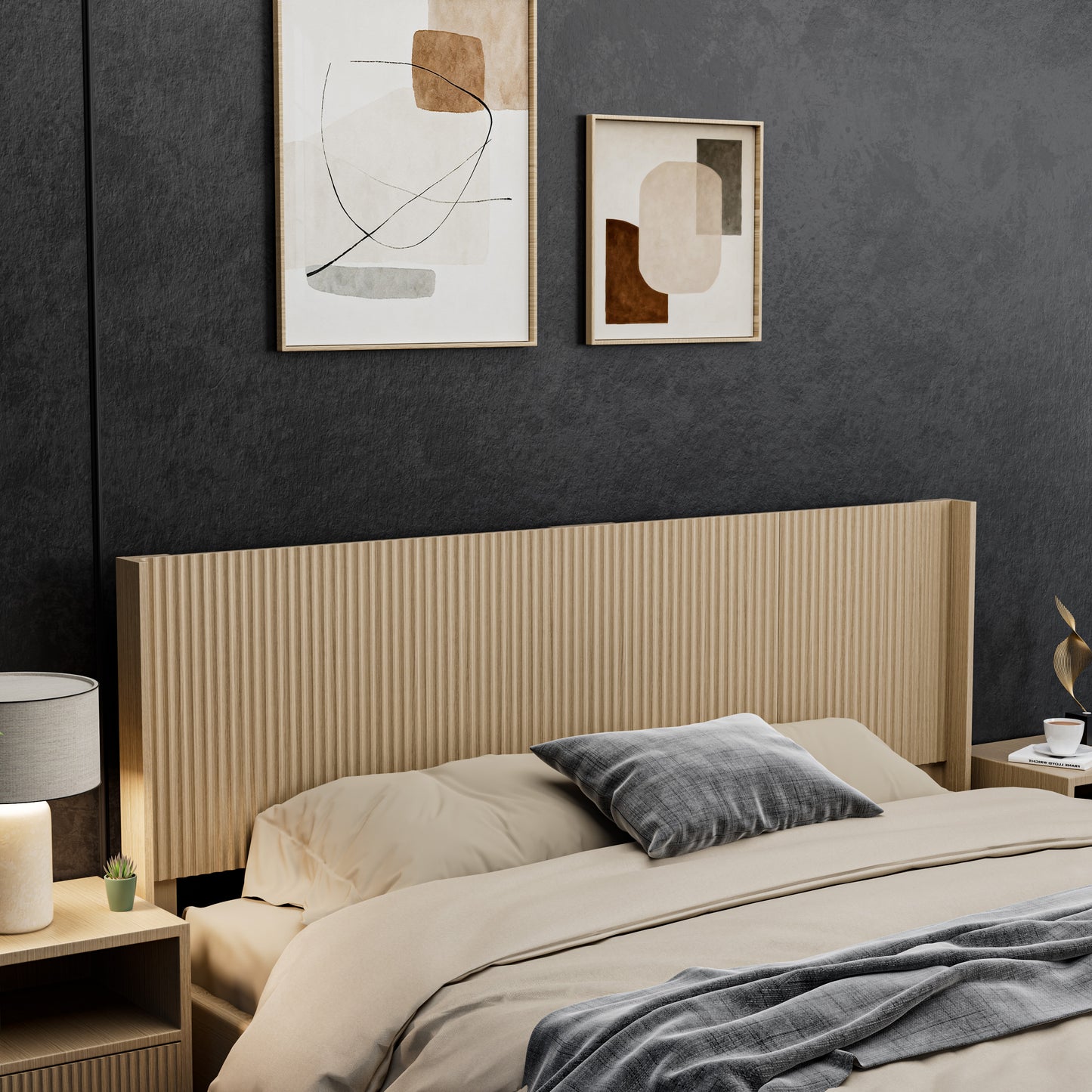 Modern Farmhouse Wood Headboard King Size 80.2 In Wide Wall Mounted Fluted Panel Wingback - Natural Oak
