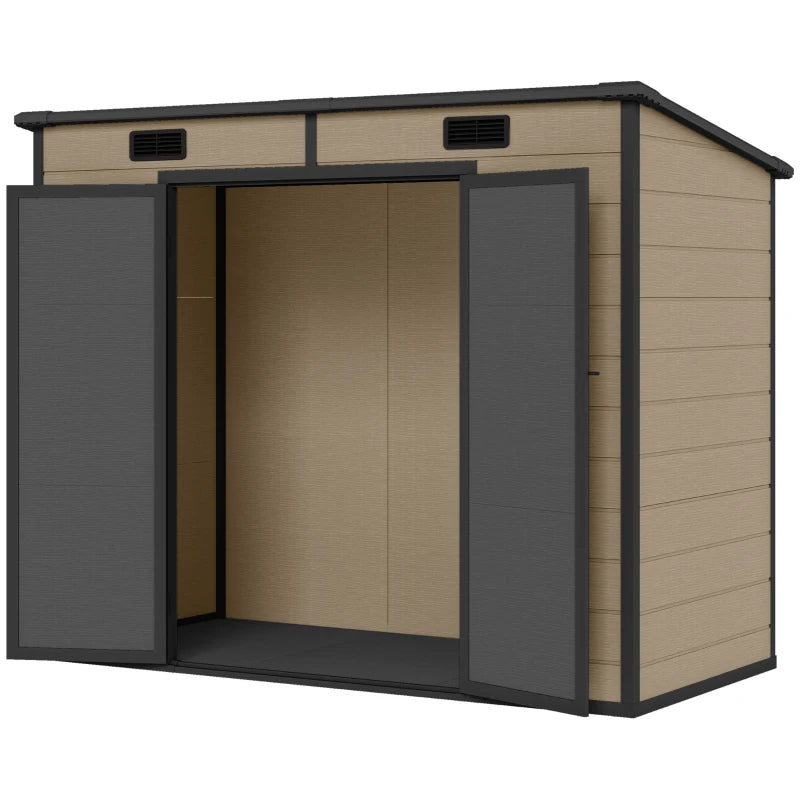 Outsunny 8' X 4' Plastic Outdoor Storage Shed With Floor, Window, Lockable Doors And Vents For Backyard Patio Lawn, Light Brown
