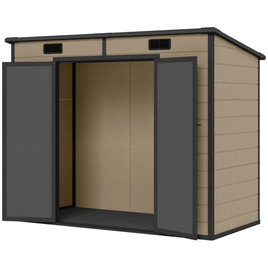 Outsunny 8' X 4' Plastic Outdoor Storage Shed With Floor, Window, Lockable Doors And Vents For Backyard Patio Lawn, Light Brown