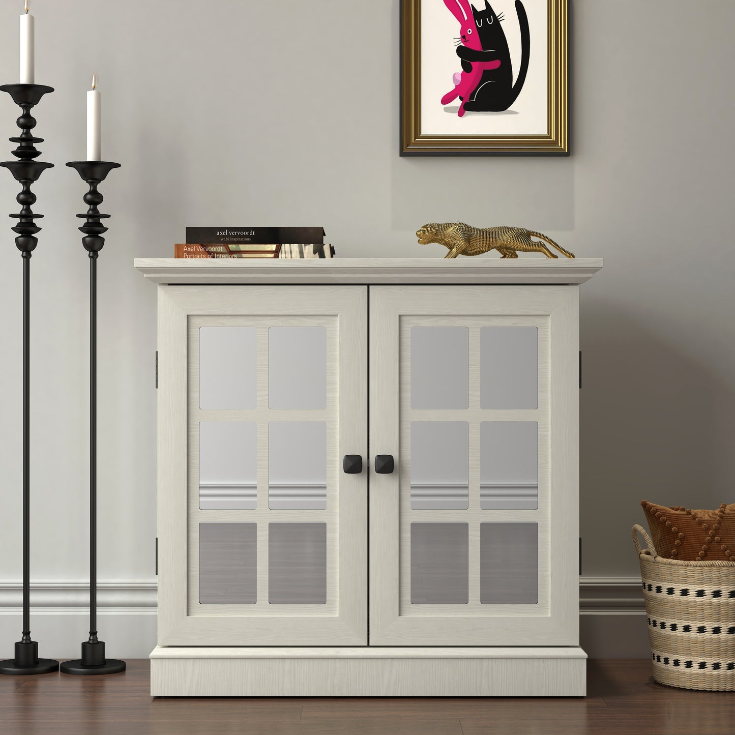 Storage Sideboard Cabinet With 2 Decorative Acrylic Mirrored Doors, Adjustable Shelf For Dining Room, Living Room, Kitchen, Metal Handles, MDF White 3D Wood Grain Finish