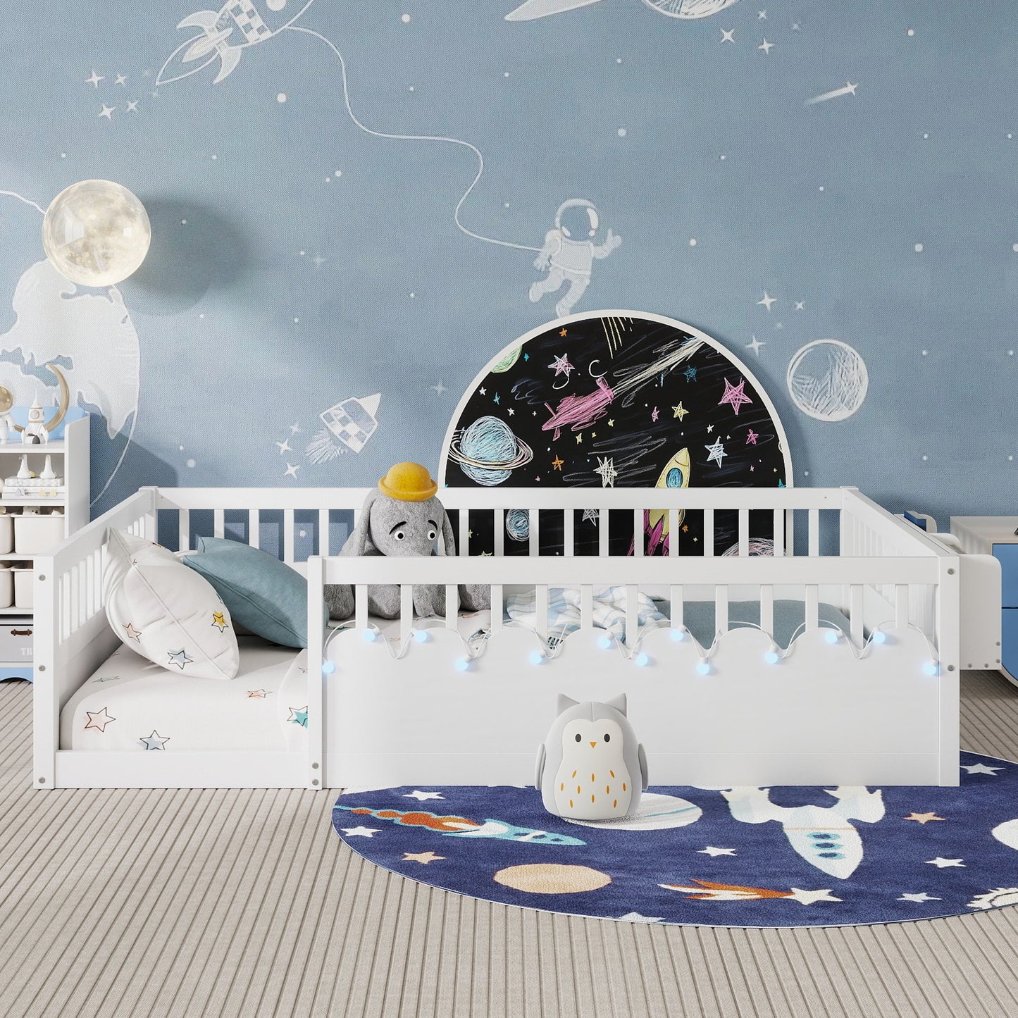 Full Montessori Floor Bed Frame With High Rails, Wood Kids Floor Beds With Light And Storage Shelf, White Expect Arrival Date 2025 8 15