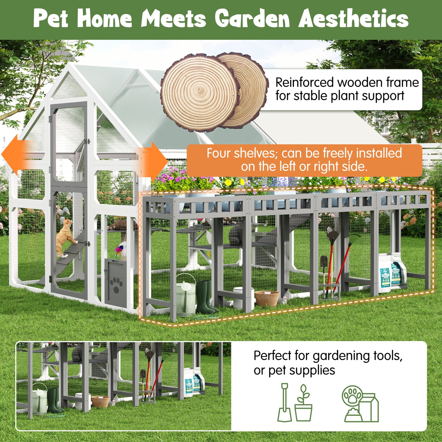 Large Outdoor Cat House With Planter Stand, Wooden Cat Enclosure With Resting Boxes For Multiple Kittens, Hanging Bridge, Platforms,Walk-In Catio Cage  With Waterproof Proof Cover, Grey And White