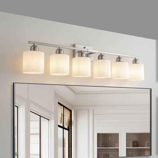 38  Bathroom Vanity Light, 6-Light Nickel Vanity Lights For Bathroom, Wall Sconce Lighting With Milky White Glass Shade, Wall Lights,Bath Vintage Wall Mounted Lamps For Mirror Bedroom
