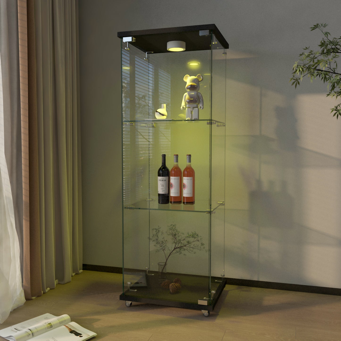 Modern Glass Display Cabinet With LED Lights, Quick-assembly Antique Cabinet, Tempered Glass Bookshelf, Suitable For Living Room And Bedrooms, 1-door 3-shelf, Black