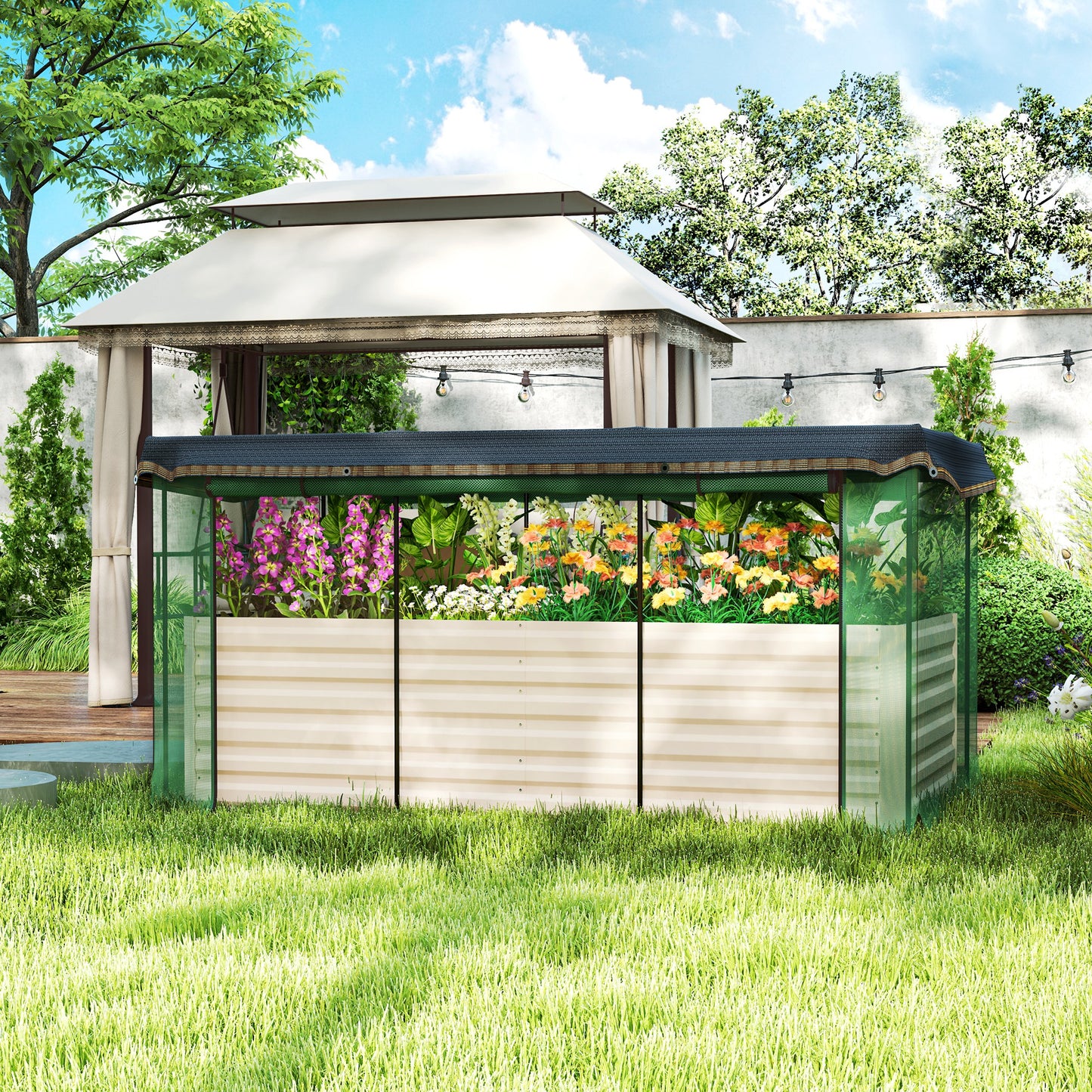 Galvanized Steel Planter Box With Crop Cage And Shade Cloth, Raised Garden Bed For Flowers, Veggies And Herbs, Beige