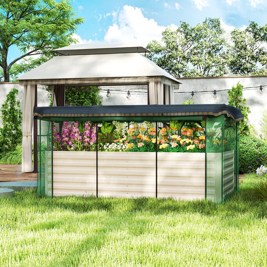 Galvanized Steel Planter Box With Crop Cage And Shade Cloth, Raised Garden Bed For Flowers, Veggies And Herbs, Beige