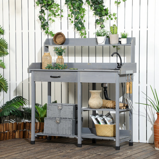 Potting Bench Table, Outdoor Garden Table Wooden Work Station With Removable Sink, Faucet, Drawer, Shelves, Hooks, Gray