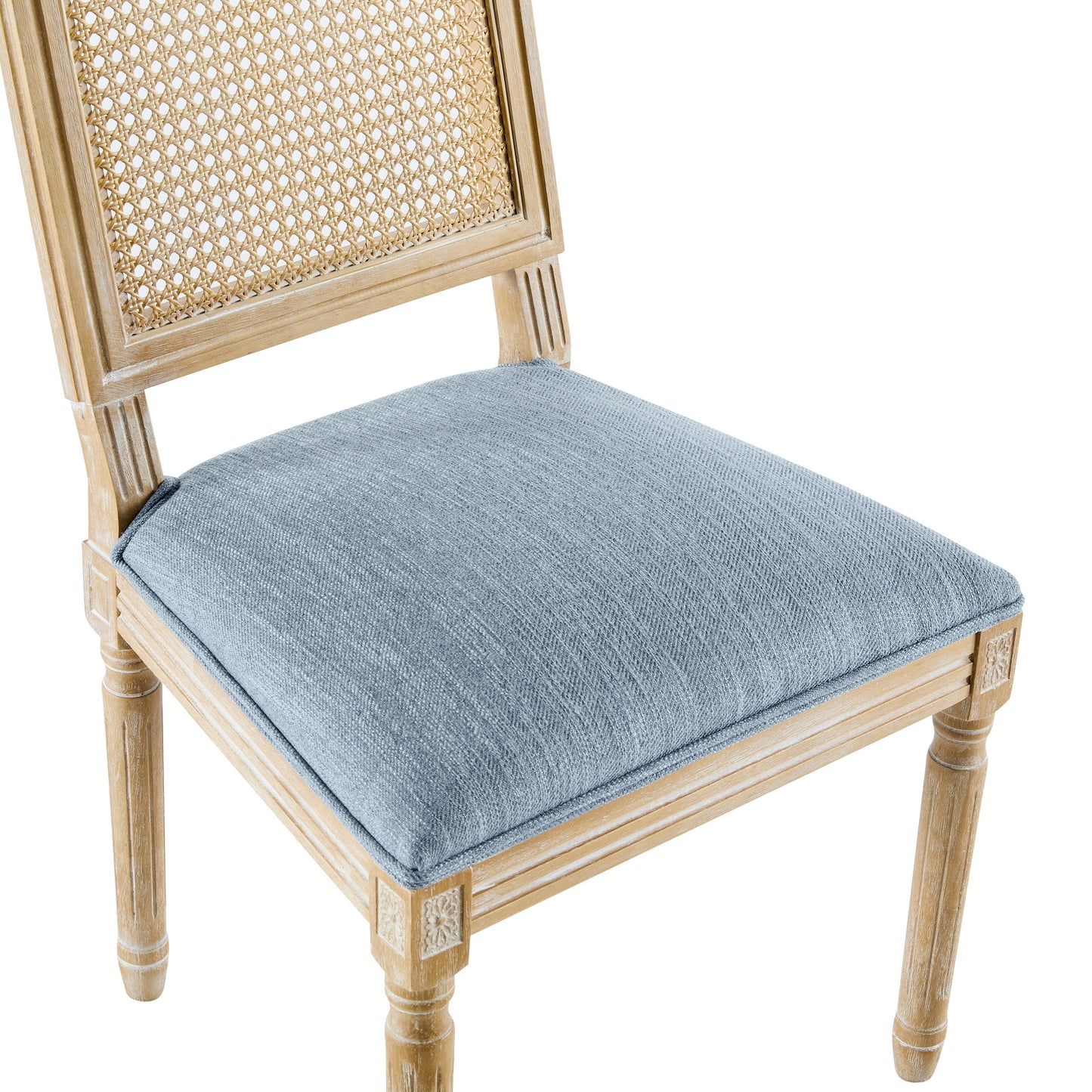 French Country Dining Chairs - Elegant Cane Backrest & Upholstered Seats With Fluted Legs - Rustic Weathered Finish - Solid Rubberwood Frame - Vintage Inspired Kitchen & Dining Room Chairs