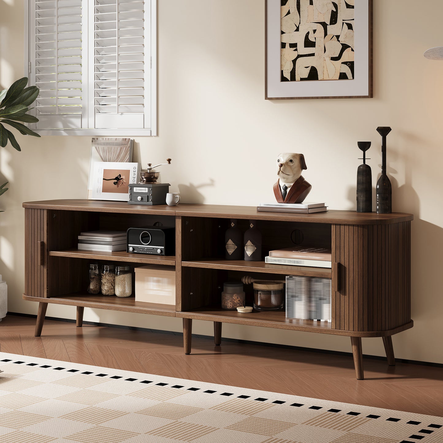 70-inch Modern TV Stand For TVs Up To 80 Inches For Living Room, Media Entertainment Center With Ample Storage & Solid-Wood Legs