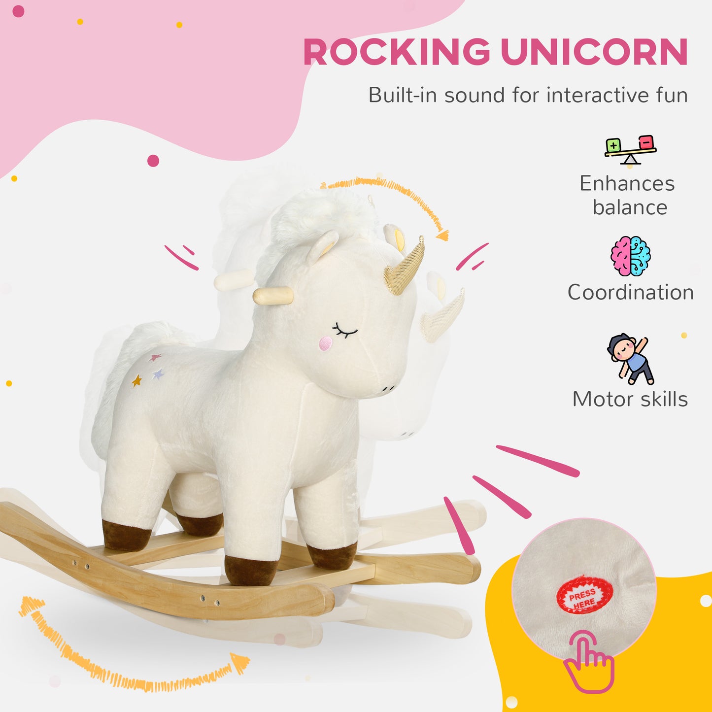 Kids Rocking Horse, Ride On Unicorn With Realistic Sounds & Wooden Base For Years 2-4, White