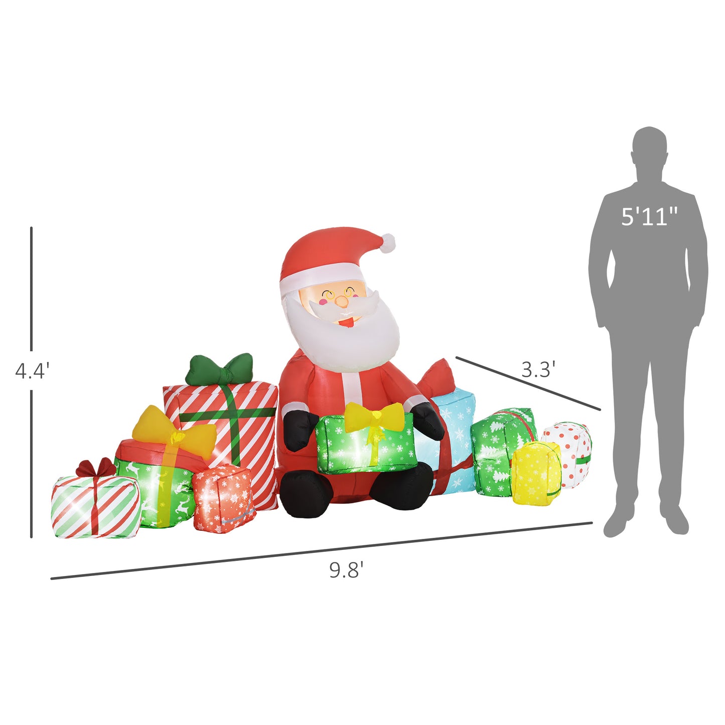4.4' Inflatable Santa Claus And Gift Boxes W/ White LED Lights, Blow-Up Outdoor Display For Party
