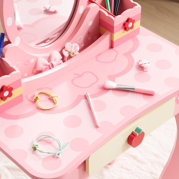 Pink MDF Spray-painted - Apple-printed 1-drawer 2-desktop Storage Box Children's Dressing Table Set