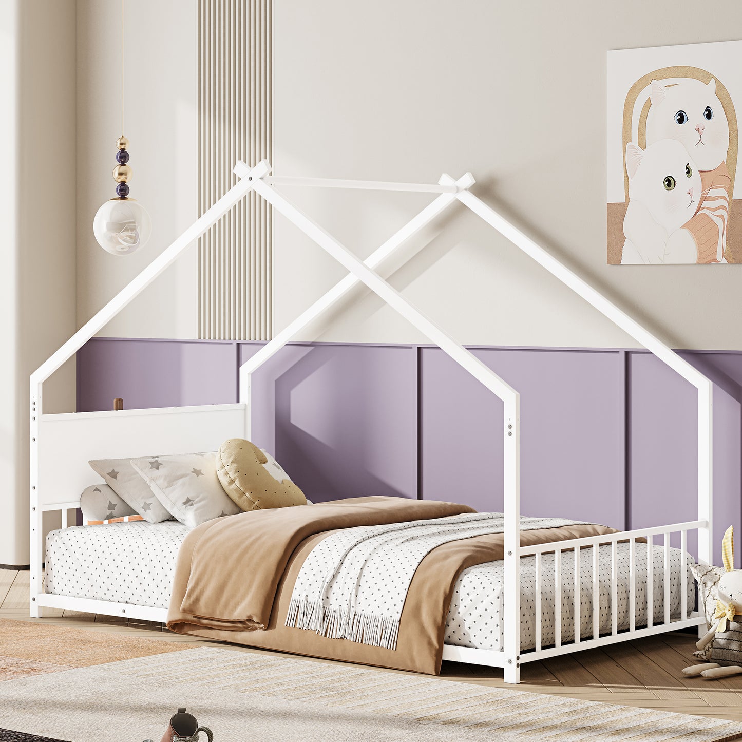 Twin Size House Bed With Roof And Colorful Lights, Metal Bed Frame With Slats And Legs, House Bed For Boy, Girls And Young Teens, No Box Spring Needed White
