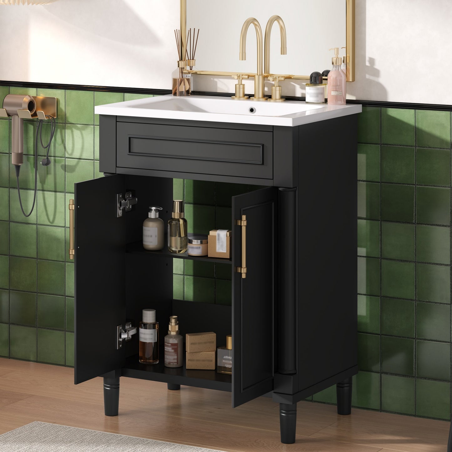 24   Bathroom Vanity With Integrated Ceramic Sink, Bathroom Cabinet With 2 Doors, Single Sink Bathroom Vanity For Small And Medium Restroom