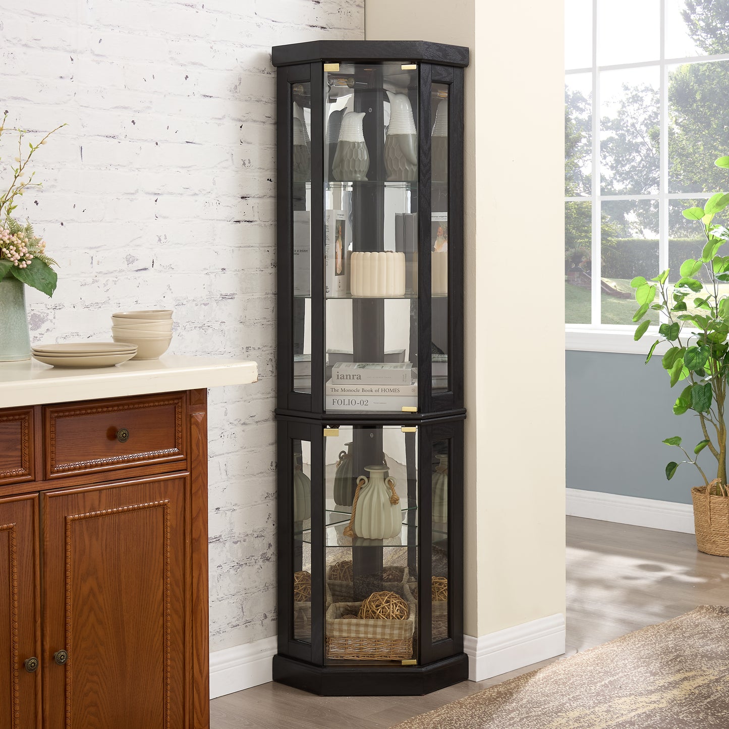 Lighted Corner Curio Cabinet - Display Case For Living Room, Antique Collectibles, Wine & Bar Glass Storage - Elegant Corner Design With Lights Included-BLACK