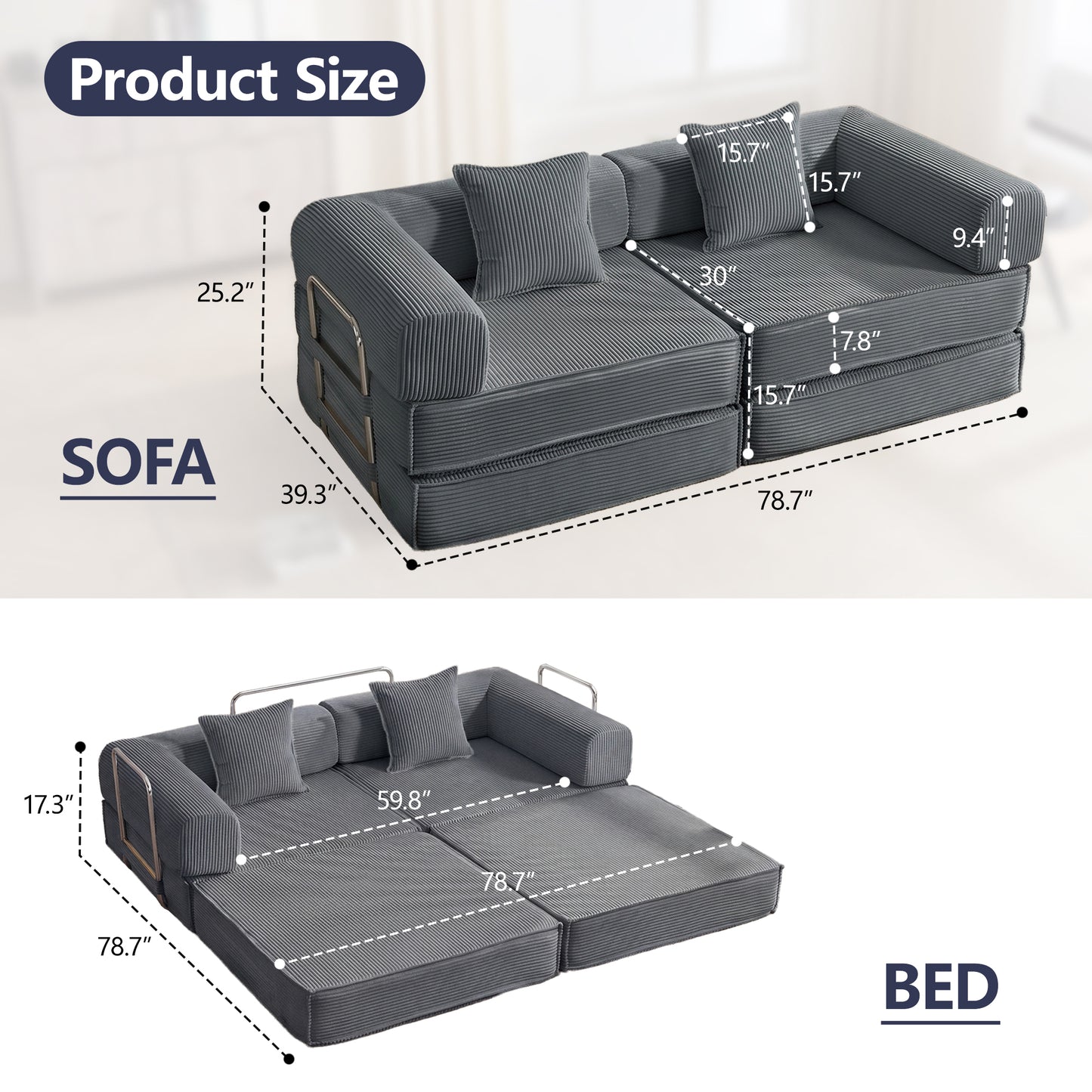 78  Convertible Sofa Bed, Modular Corduroy Couch With 2 Pillows, Space-Saving Compressed Floor Sofa, Ideal For Living Room, Bedroom, Apartment,Grey.