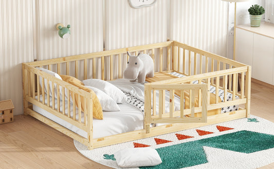 Full Size Floor Bed With Slats, Montessori Floor Bed With Fence And Door, Kids Montessori Bed Full Size, Wood Montessori Floor Bed For Kids, Girls, Boys,Oak