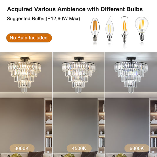 20  Black Crystal Chandelier Ceiling Light, Modern Luxury 10-Light Flush Mount Light Fixture, Elegant Home Lighting For Living Room, Dining Room, Bedroom  No Bulbs