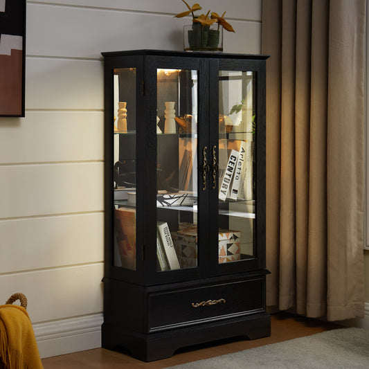 Lighted Glass Curio Cabinet With Adjustable Shelves - Elegant 2-Door Display Cabinet & Built-in Drawer, Includes Bulb - BLACK