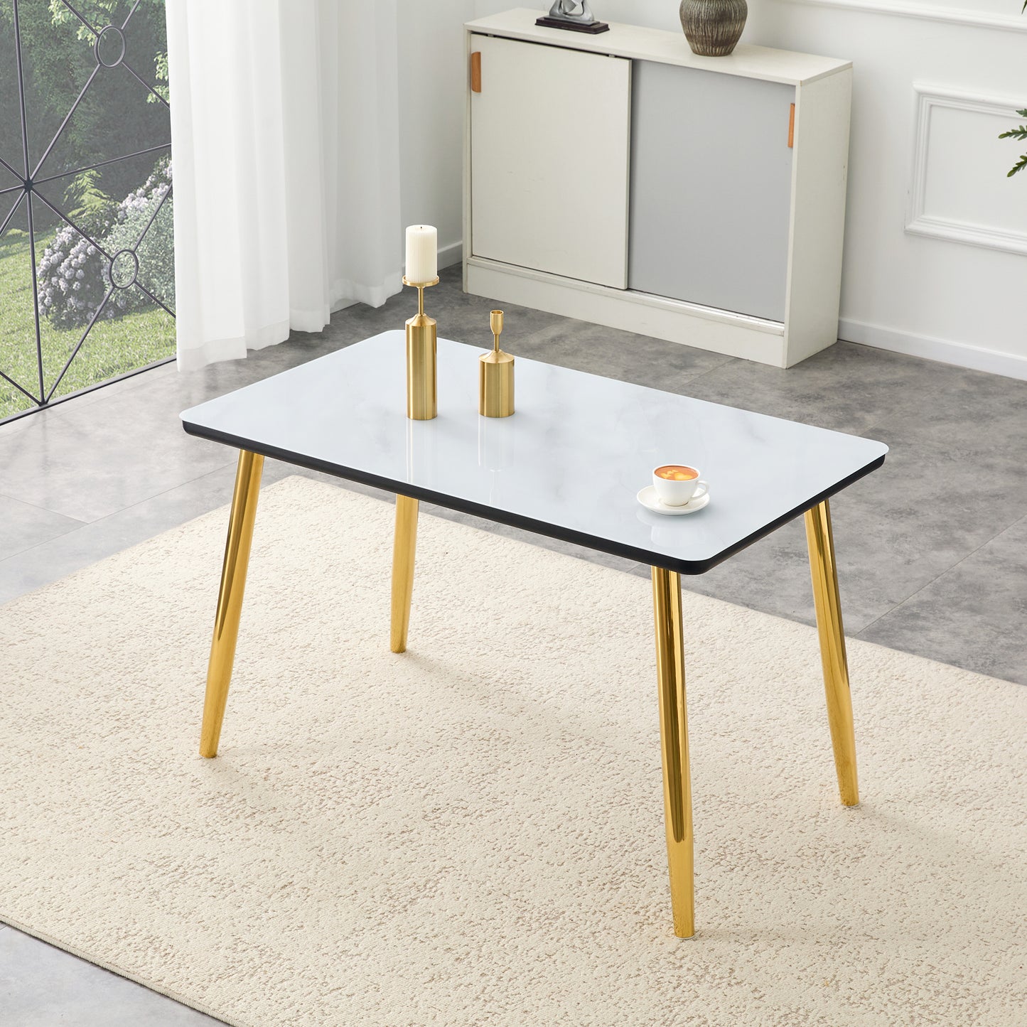Modern Minimalist Rectangular Dining Table, Suitable For 4-6 People. Tempered Glass Countertop  Lower MDF Board,  Marble Texture, Gold Metal Tapered Legs. Suitable For Minimalist Restaurants.