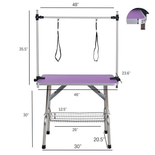 46  Folding Dog Pet Grooming Table Stainless Steel Frame Rubber Mat On Board With Adjustable Arm And Clamps Pet Dog Cat Grooming Table  PURPLE COLOR