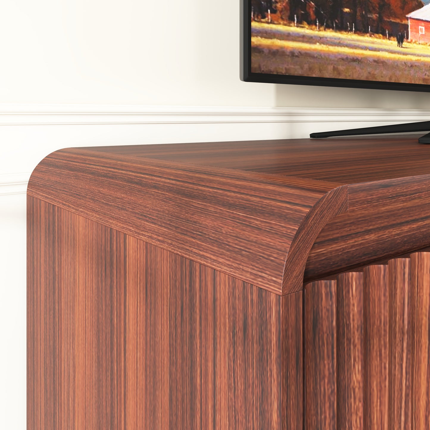 Walnut 4-Door Fluted TV Stand With Power Outlet, Handleless Wave Design Entertainment Center, Adjustable 3-Tier Particle Board Storage Cabinet, Multi-Functional Media Console & Buffet Sideboard