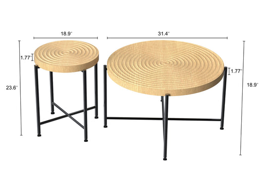 2-Piece Coffee And End Table Set -Waterproof MDF With PVC Cover, Distressed Cylindrical Design, Black Metal Legs -Classic Rustic Charm, Technical Wood