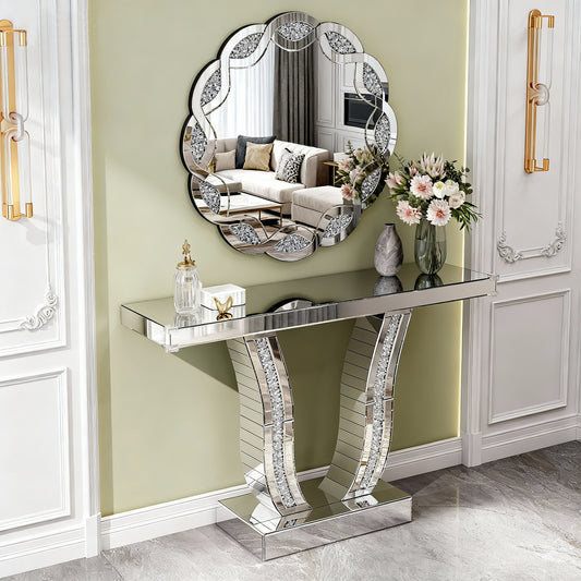 Silver Crush Diamond Round Wall Mirror, 31.5 Inch Wave Frame Decorative Mirror For Living Room, Bathroom, Bedroom, Hallway, Heavy Duty Frame With 2 Hangers