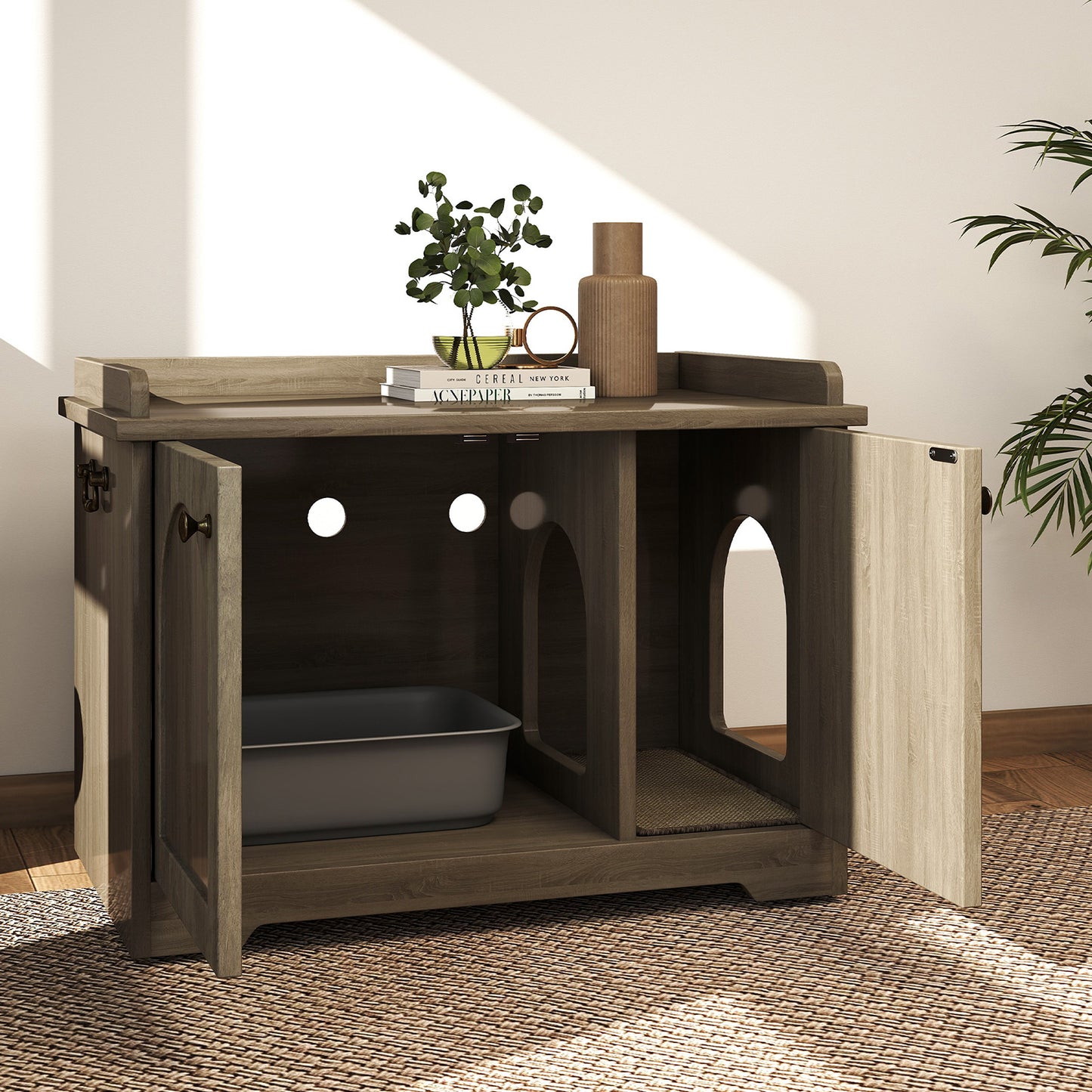 Cat Litter Box Enclosure Furniture With Scratching Pad Wooden Cat Washroom Pet House 31.5x22.05x19.69in