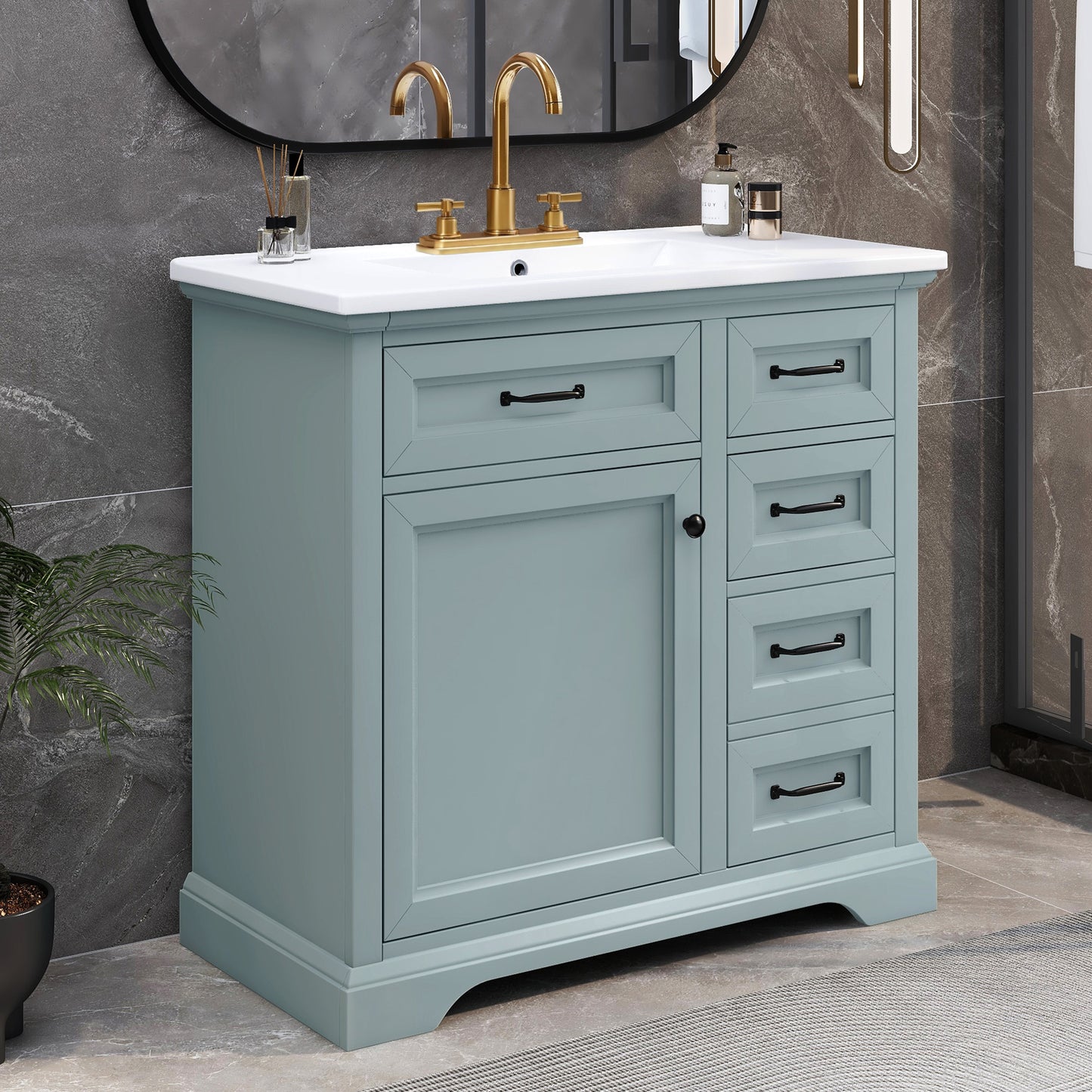 36  Bathroom Vanity With Sink, Ceramic Sink, 2 Tip-out Drawers, Soft Close Door Hinges, Grey