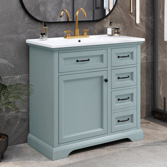36  Bathroom Vanity With Sink, Ceramic Sink, 2 Tip-out Drawers, Soft Close Door Hinges, Grey