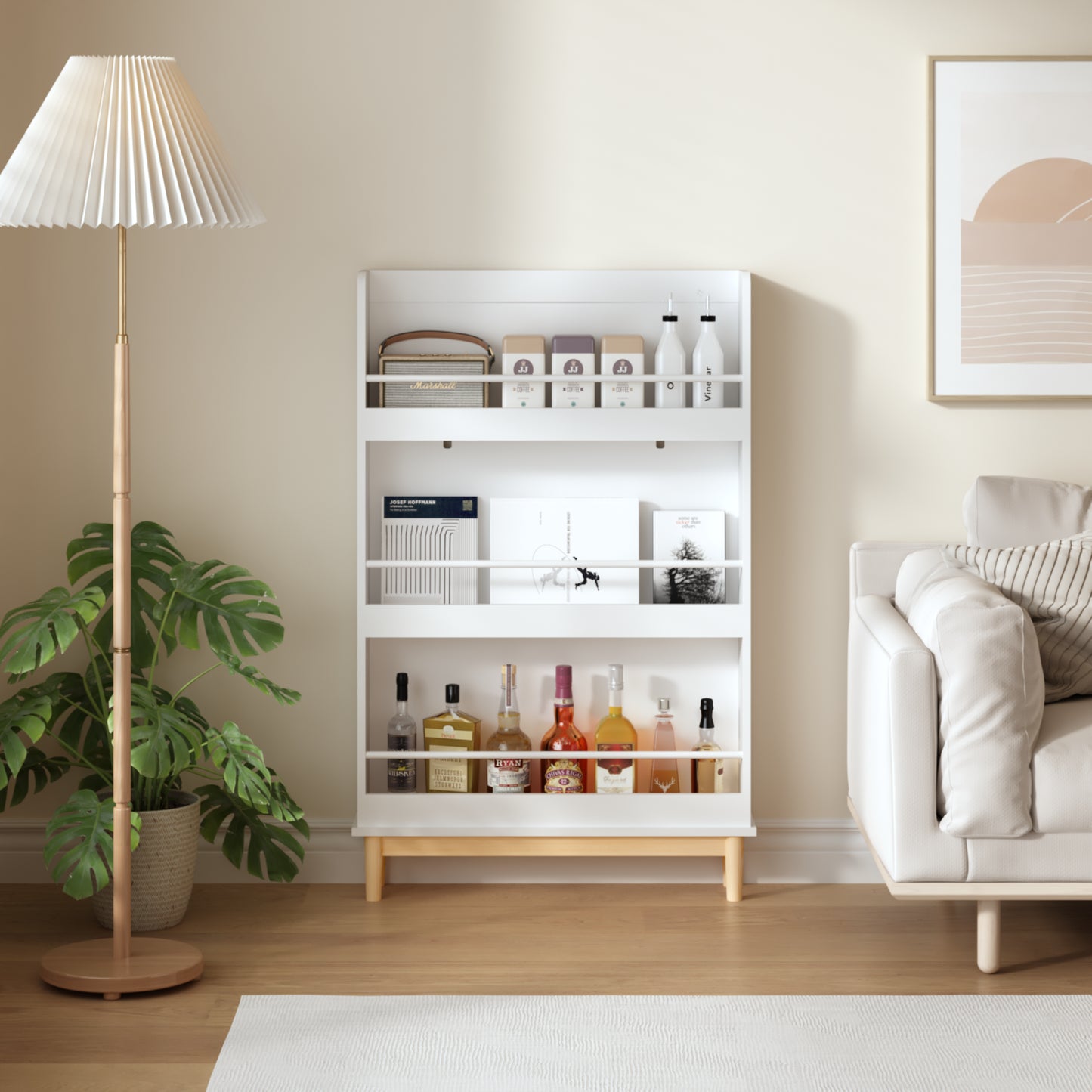 Wall-Mounted Kids Bookshelf With 3 Front-Facing Display Shelves, Modern White Book Rack With Natural Wood Base For Toddler Bedroom, Nursery Or Playroom